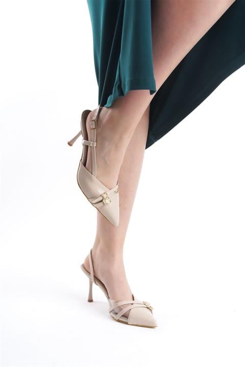 Kadın Arina Krem Cilt 9 Cm İnce Topuklu Sivri Burunlu Yanları Acık Stiletto