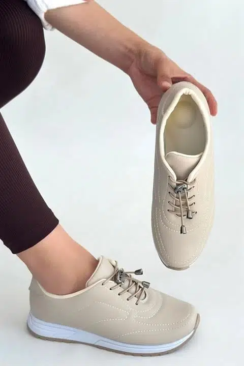 Kadın Ayda Bej Bağcıklı Ortopedik Rahat Tabanı Günlük Babet & Spor Ayakkabı