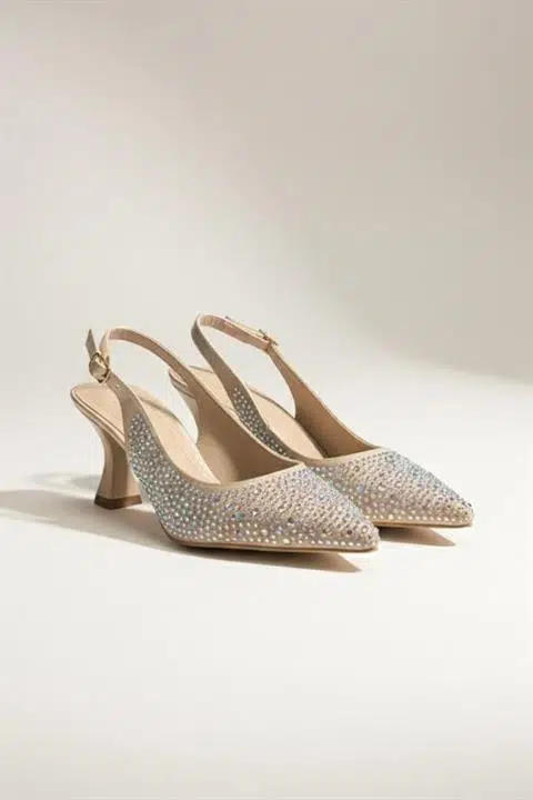 Kadın Emma Altın Saten Taşlı 7 cm İnce Topuklu Ayakkabı & Stileto