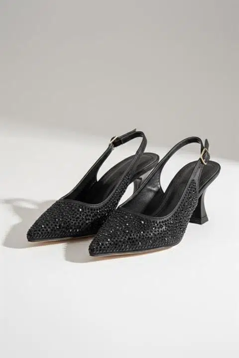 Kadın Emma Siyah Saten Taşlı 7 cm İnce Topuklu Ayakkabı & Stileto