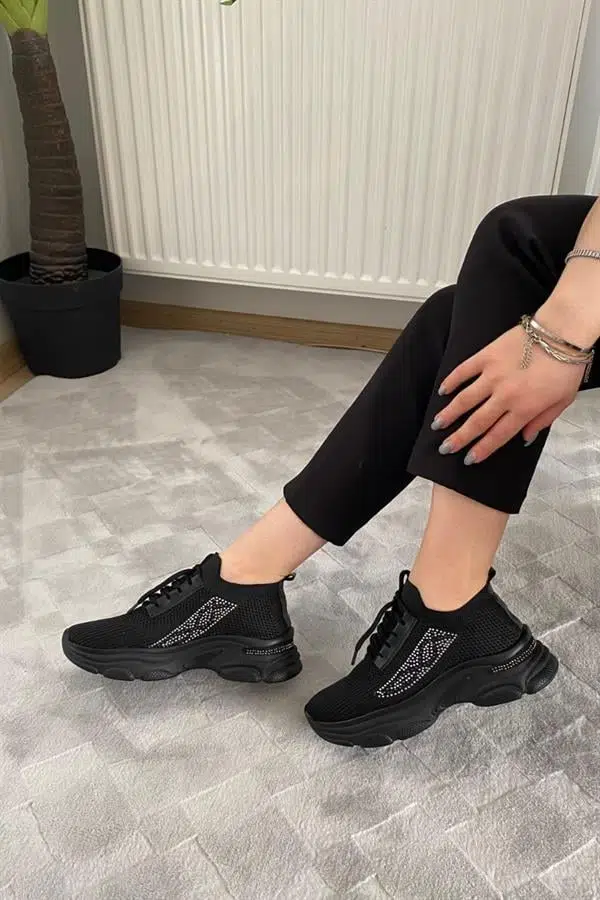 Kadın Fabri Siyah Triko Taşlı Spor Ayakkabı & Sneaker