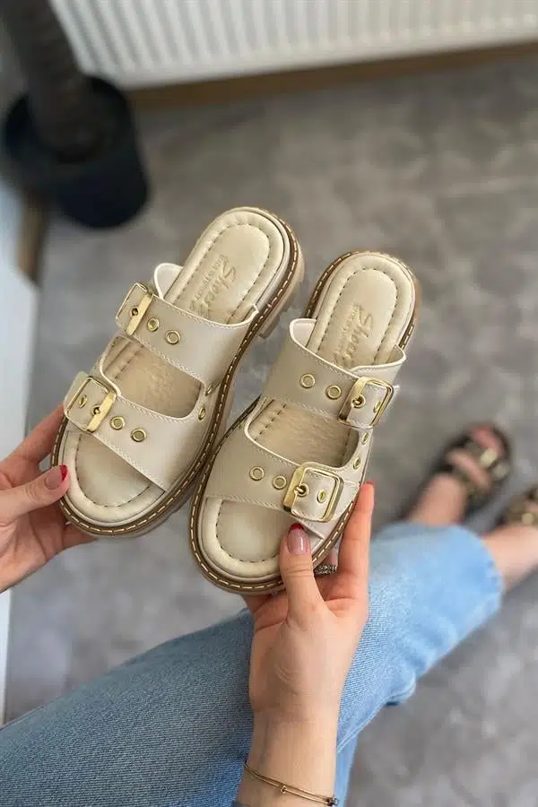 Kadın Firida Bej Çift Bantlı Kapsül Detaylı Kalın Taban Ortopedik Sandalet Terlik K-100