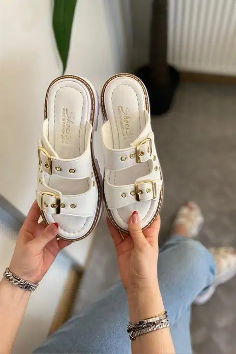 Kadın Firida Çift Bantlı Kapsül Detaylı Kalın Taban Ortopedik Sandalet Terlik K-100