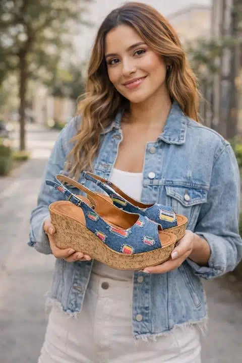 Kadın Mantara Mavi Kot 10 cm Dolgu Topuklu Mantar Taban Önü Arkası Acık Ayakkabı