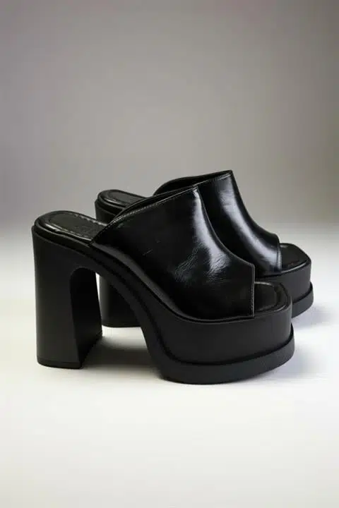 Kadın Marci Siyah Krışıkrugan Geniş Bantlı (12 cm ) Platform Topuklu Terlik 1001