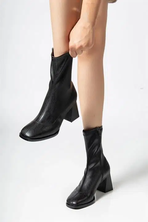 Kadın Marina Siyah Bot 7 cm Kalın Topuklu Streç Boots