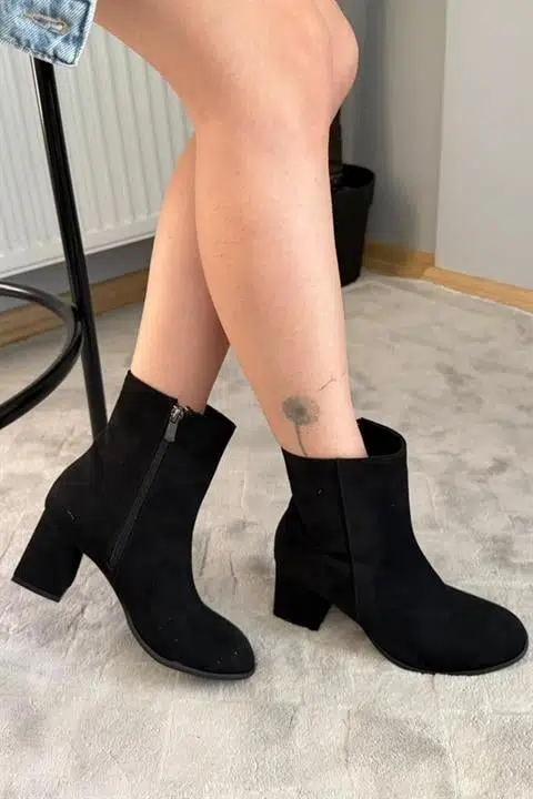 Kadın Marta Siyah Süet 6 cm Kalın Topuklu Yumurta Burun Fermuarlı Bot