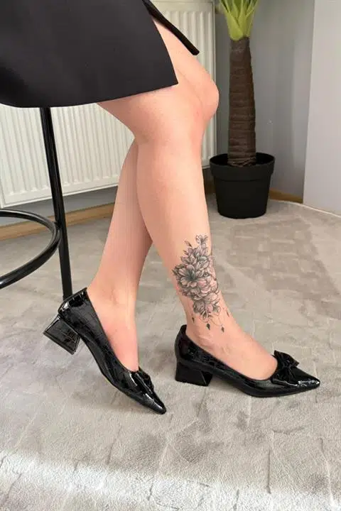 Kadın Mila Siyah Kroko Fiyonklu 3,5 cm Blok Topuklu Stiletto / Ayakkabı