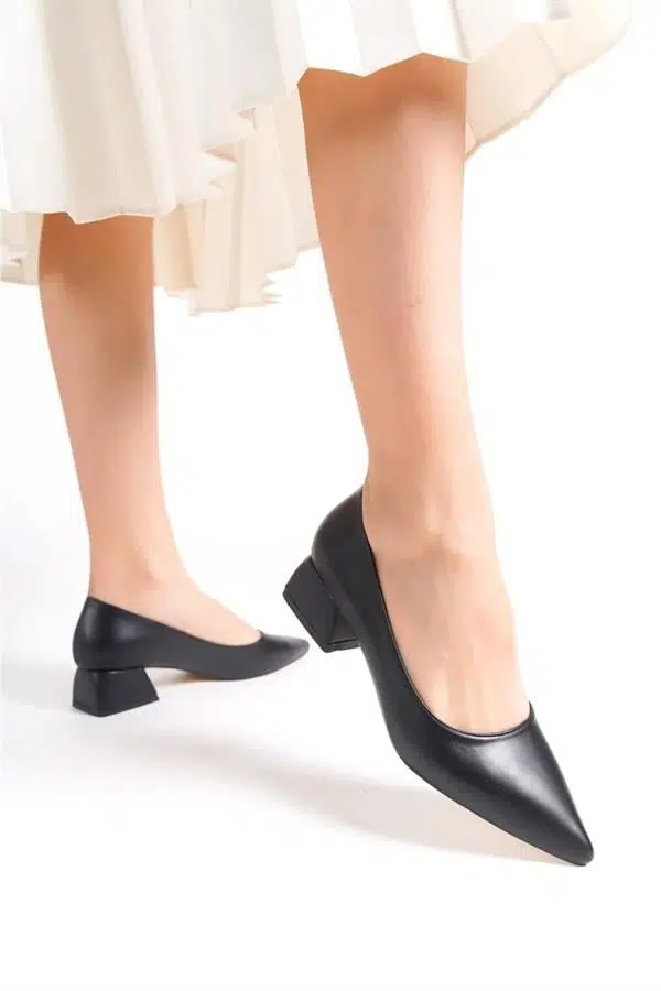 Kadın Mora Siyah Deri 3,5 cm Kalın Topuklu Ayakkabı