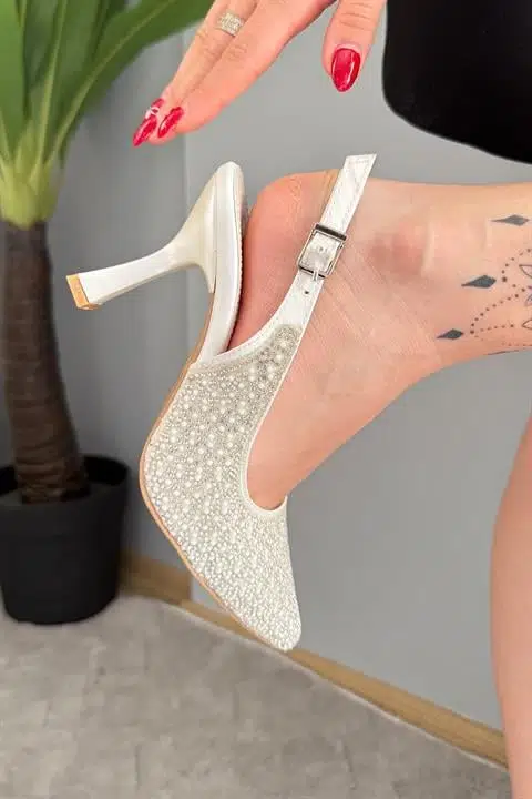 Kadın Olga Beyaz Taş İşlemli Arkası Acık Abiye Ayakkabı