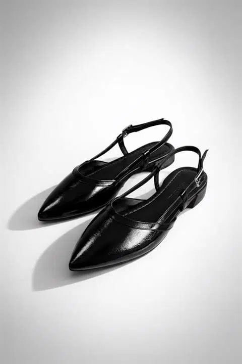 Kadın Tena Siyah Kırışık Rugan Arkası Acık Sivri Burun Günlük Babet