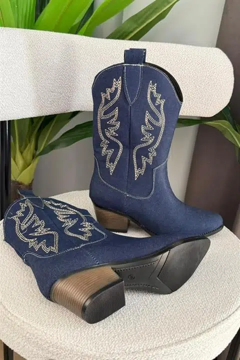 Kadın Virola Kot Kumaşından Orta Boy Nakışlı Kovboy Çizme